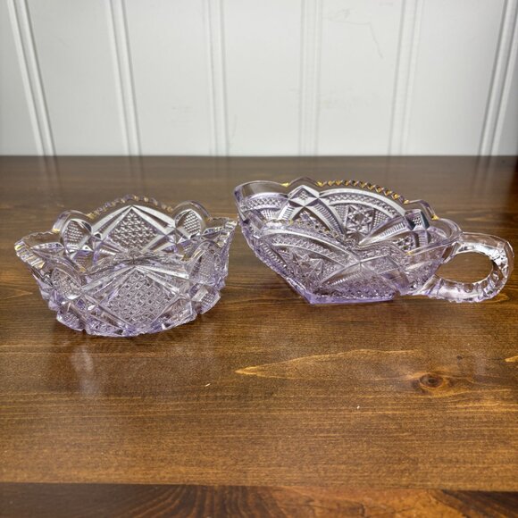 Vintage Cut Glass Amethyst Glass Creamer & Sugar Bowl Set with Gold Gilding - Picture 4 of 13